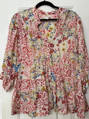 Sundance Multicolor Silk Blouse Floral Tiered Blouse Cream Red Ruffle Sleeve Top
